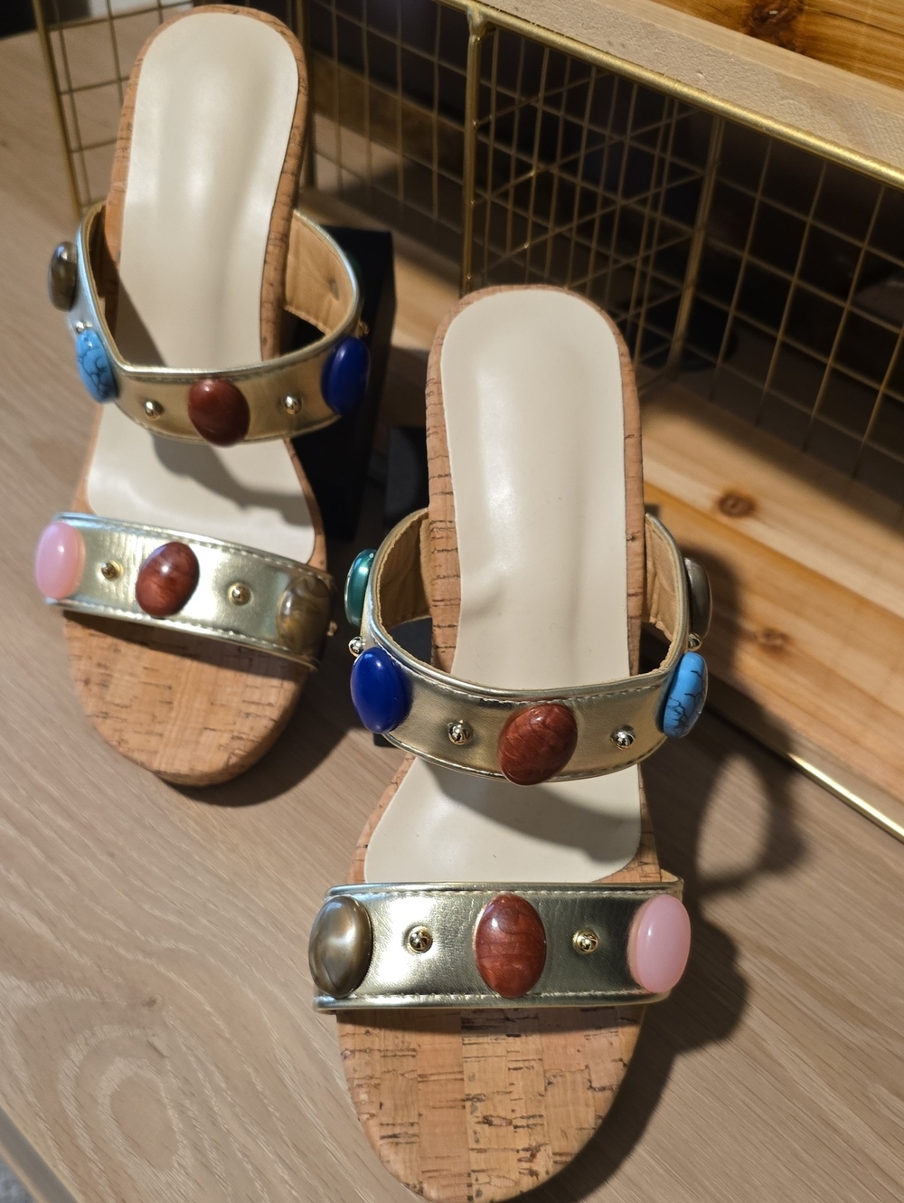 Gold Slide Sandals with Multicolor Gem Accents